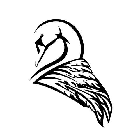 side view swan head and wing - black and white vector design of elegant birdのイラスト素材