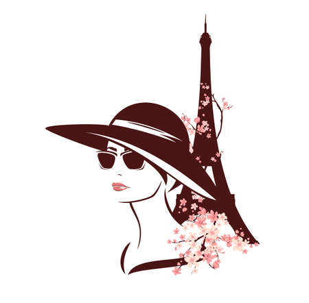 young woman wearing sunglasses and wide brimmed hat among blooming tree branches and eiffel tower - fashion spring in Paris vector designのイラスト素材