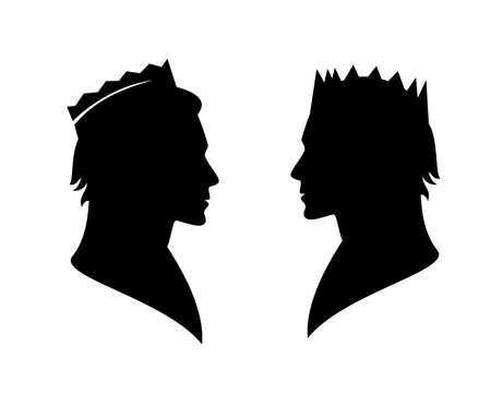 fairy tale king or prince wearing royal crown - noble man black and white vector silhouette head portraitのイラスト素材