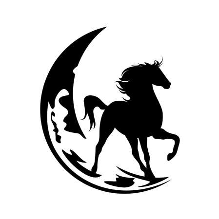 mustang horse standing on a crescent moon - night time fairy tale animal black and white vector silhouette designのイラスト素材