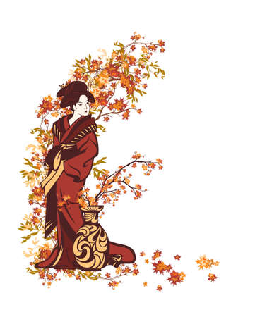 japanese geisha wearing traditional kimono clothes standing by vase with autumn maple tree branches forming natural decorative border - fall season vector designのイラスト素材
