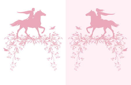 Blooming spring season tree branches and fairy tale princess and prince riding horsesのイラスト素材