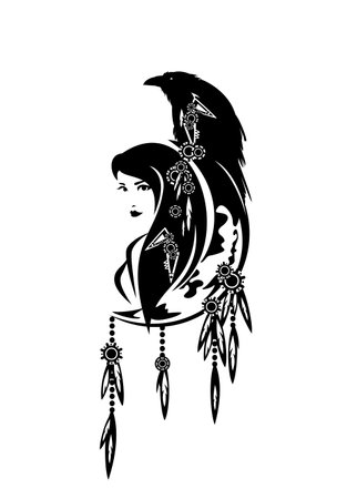 Beautiful shaman woman, crescent moon, feathered decor and raven birdのイラスト素材
