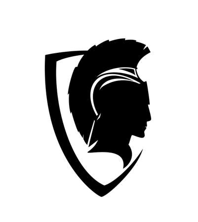 profile portrait of spartan warrior wearing helmet inside simple heraldic shield - black and white vector military man head designのイラスト素材