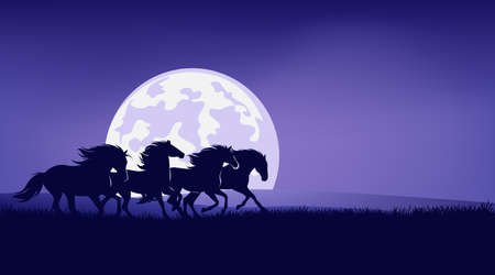 wild mustangs running in night prairie against full moon - horse herd silhouette landscape vector designのイラスト素材