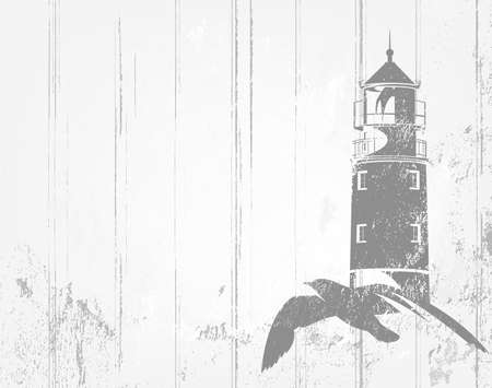 vector background in shades of grey with flying sea gull and lighthouse tower outline over white wooden planks and shabby paintのイラスト素材