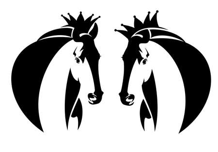 wild  stallion wearing king crown - royal horse profile head black and white vector portraitのイラスト素材