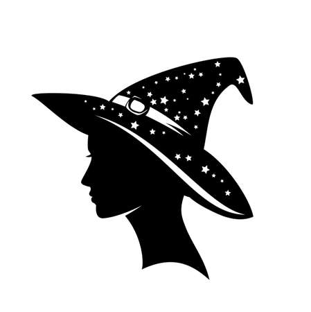 beautiful witch wearing traditional hat with stars - profile sorceress head black and white vector silhouette portraitのイラスト素材
