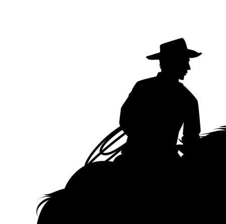 horseback cowboy with lasso - wild west ranger riding horse black and white vector silhouette copy space designのイラスト素材
