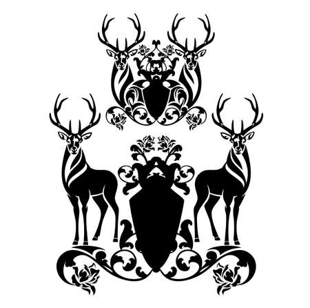 pair of deer stags with large antlers and heraldic shield decorated with rose flowers - antique style coat of arms black and white vector design setのイラスト素材