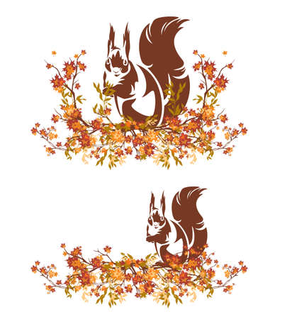 autumn tree branches making natural fall season decorative border with sitting squirrel - vector forest wildlife design elements setのイラスト素材