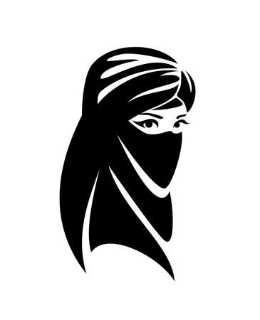 beautiful bedouin girl wearing traditional muslim head covering - black and white vector portrait of arabian womanのイラスト素材