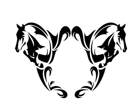 two jumping horses and heraldic style copy space blank frame black and white vector designのイラスト素材