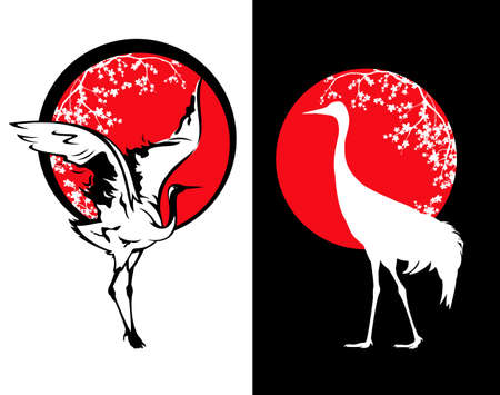 dancing crane bird and blooming sakura branches against red sun - japanese nature symbol vector designのイラスト素材