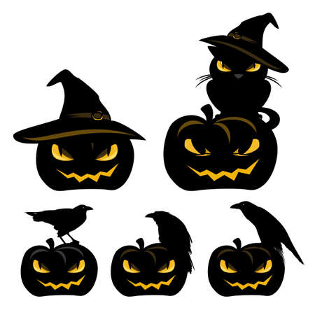 set of halloween jack-o-lantern pumpkins with raven birds and sitting black cat - spooky witchcraft vector design collectionのイラスト素材