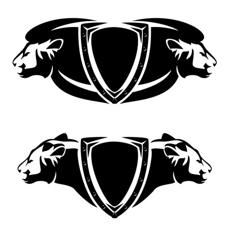 iron studded heraldic shield with lion and lioness profile head for security concept - black and white vector coat of arms design setのイラスト素材