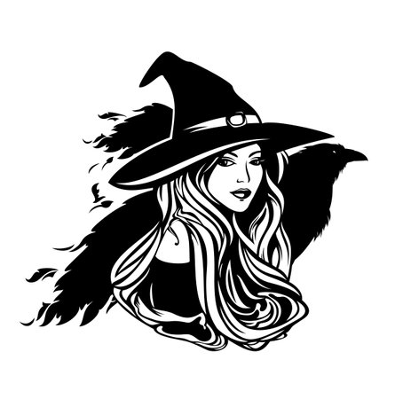 beautiful witch with long hair wearing traditional hat and her pet raven bird - halloween sorceress costume black and white vector portraitのイラスト素材