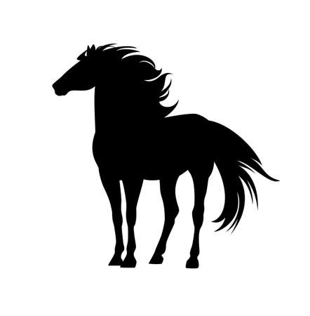 majestic mustang horse with wind blown mane and tail - standing wild stallion black and white vector silhouette portraitのイラスト素材