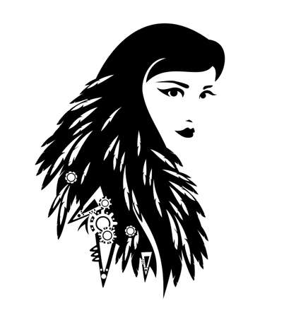 tribal shaman woman with bird feather decorated long hair black and white vector portraitのイラスト素材