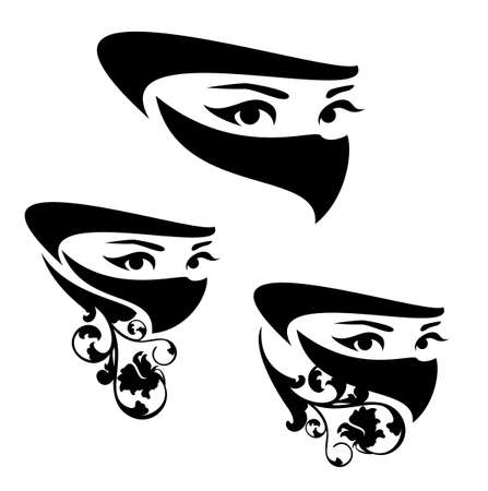beautiful arabian woman wearing traditional muslim head covering and rose flower decor -  black and white vector portrait of fairy tale Scheherazade beautyのイラスト素材