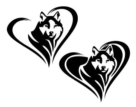 husky sled dog head portrait inside heart shape - cute pet looking forward black and white vector outlineのイラスト素材
