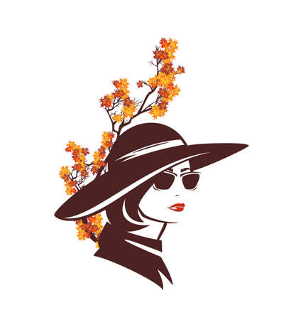 elegant woman with bobbed hair wearing wide brimmed hat and maple tree branch - glamour and beauty in autumn season fashion vector portraitのイラスト素材