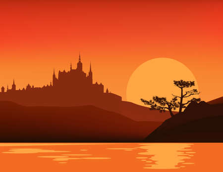 fantasy scene with sunset sky, lake shore, pine tree and medieval castle silhouette - fairy tale vector copy space backgroundのイラスト素材