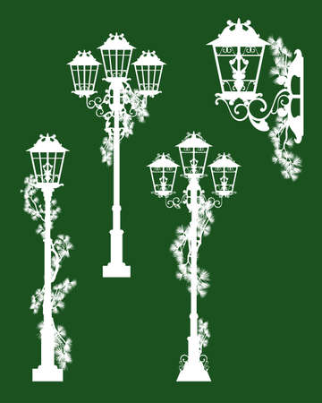 winter season holidays pine branches and city street light design element set - vector silhouette outline of decorated urban lampsのイラスト素材