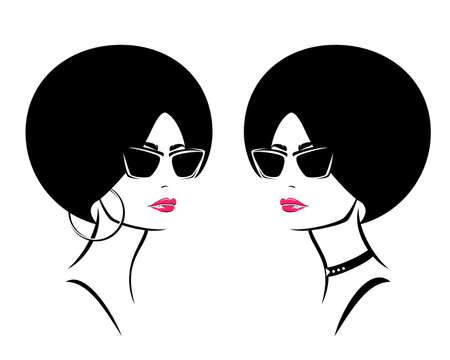 beautiful african american woman with funky hairstyle wearing choker necklace,  red lipstick and sunglasses - glamour and beauty concept vector portraitのイラスト素材