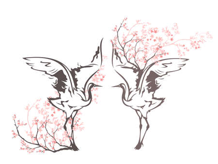 japanese crane standing among sakura blossom branches - elegant asian bird spring season vector design setのイラスト素材