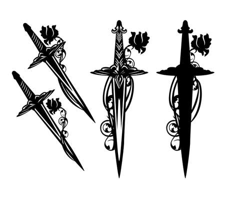 antique dagger knife entwined with rose flower - black and white vector fairy tale medieval style outline and silhouette design setのイラスト素材