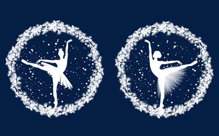 seasonal frame made of pine tree branches with beautiful ballerina girl and falling snow - white vector silhouette set for winter season ballet designのイラスト素材