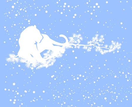 winter holidays chinese horoscope seasonal border made of pine tree branches with wild tiger and falling snow - 2022 year of the tiger festive vector silhouette designのイラスト素材