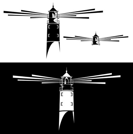 lighthouse tower and search light beam black and white vector silhouette design set for sea voyage safety conceptのイラスト素材