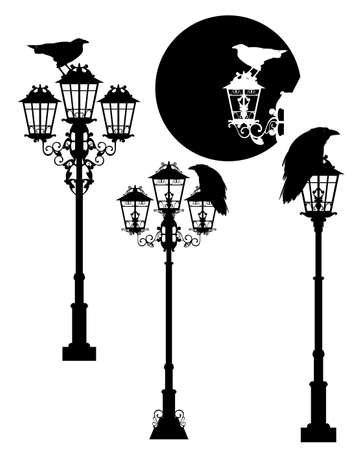 raven bird sitting on antique street light - halloween theme black and white vector silhouette design setのイラスト素材