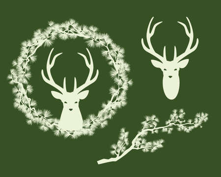 winter holidays seasonal wreath frame made of pine tree branches and deer stag head - vintage style faded silhouette festive vector design setのイラスト素材