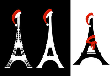 eiffel tower silhouette celebrating new year and christmas with santa claus red hat - winter holidays in Paris vector design setのイラスト素材
