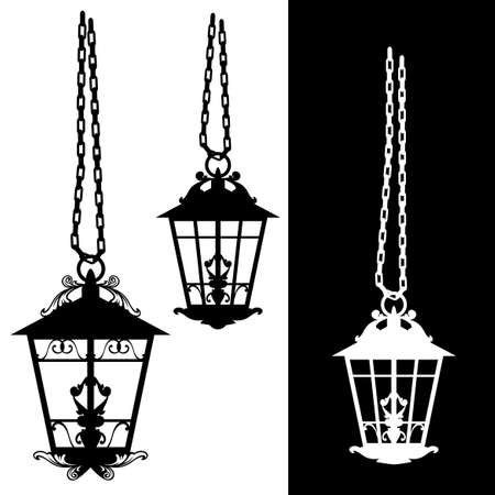 hanging on chains antique street lights - black and white vector urban silhouette design setのイラスト素材