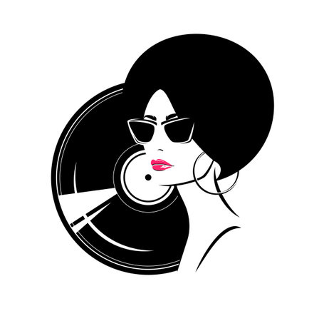 vinyl music record disk and beautiful stylish woman with funky hairstyle, red lipstick and sunglasses - old school acoustic audio revival concept vector portraitのイラスト素材
