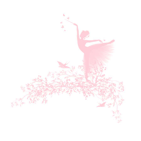 blooming spring season tree branches, dancing fairy tale princess wearing ballet tutu and flying swallow birds vector silhouette copy space designのイラスト素材