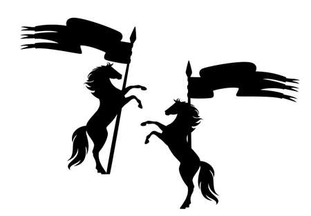rearing up horse with spear and banner - fairy tale medieval heraldry black and white vector silhouette setのイラスト素材