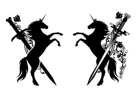 fairy tale unicorn horse and knight sword with rose flower - fantasy medieval hero black and white vector heraldryのイラスト素材