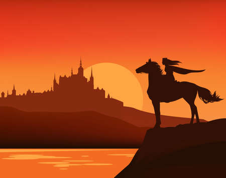 fantasy scene with sunset sky, lake shore, medieval castle silhouette and runaway princess riding horse - fairy tale vector copy space backgroundのイラスト素材
