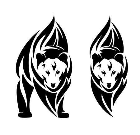 standing brown bear with stylized fire flames - black and white vector outline of wild animal spiritのイラスト素材