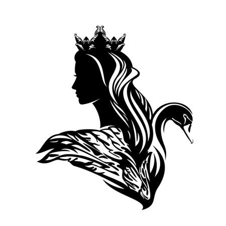black and white vector silhouette portrait of fairy tale queen or princess wearing royal crown with her magic swan bird head and wingのイラスト素材