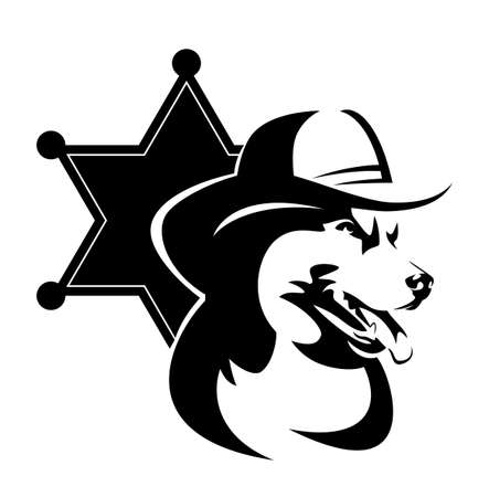 head portrait of shepherd dog wearing cowboy hat and sheriff star badge - american wild west style animal character black and white vector outlineのイラスト素材