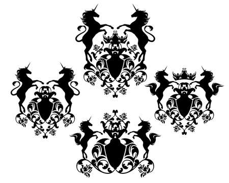 pair of mythical unicorn horses and heraldic shield decorated with rose flowers and king crown - antique style royal coat of arms black and white vector design setのイラスト素材
