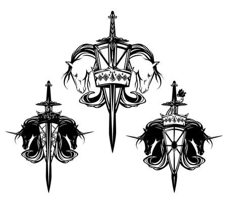 pair of unicorn horses with long mane, heraldic shield, royal crown and knight sword - medieval style fairy tale coat of arms black and white vector design setのイラスト素材