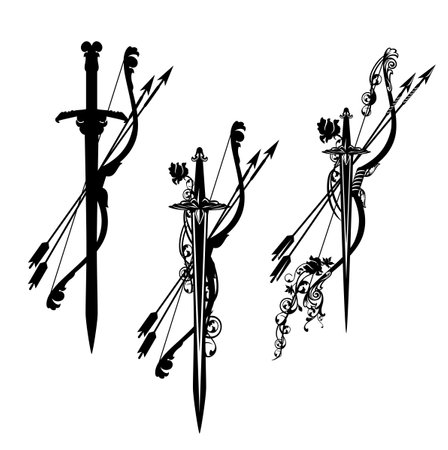 fairy tale elf archer bow, arrows and sword among rose flowers design set - vector legendary robin hood weapon decorative outline collectionのイラスト素材