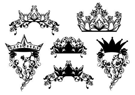 fairy tale royal crown decorated with rose flowers black and white vector silhouette design set - fantasy queen or princess heraldic symbolのイラスト素材